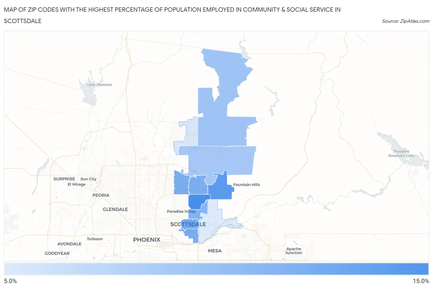 Zip Codes with the Highest Percentage of Population Employed in Community & Social Service  in Scottsdale Map