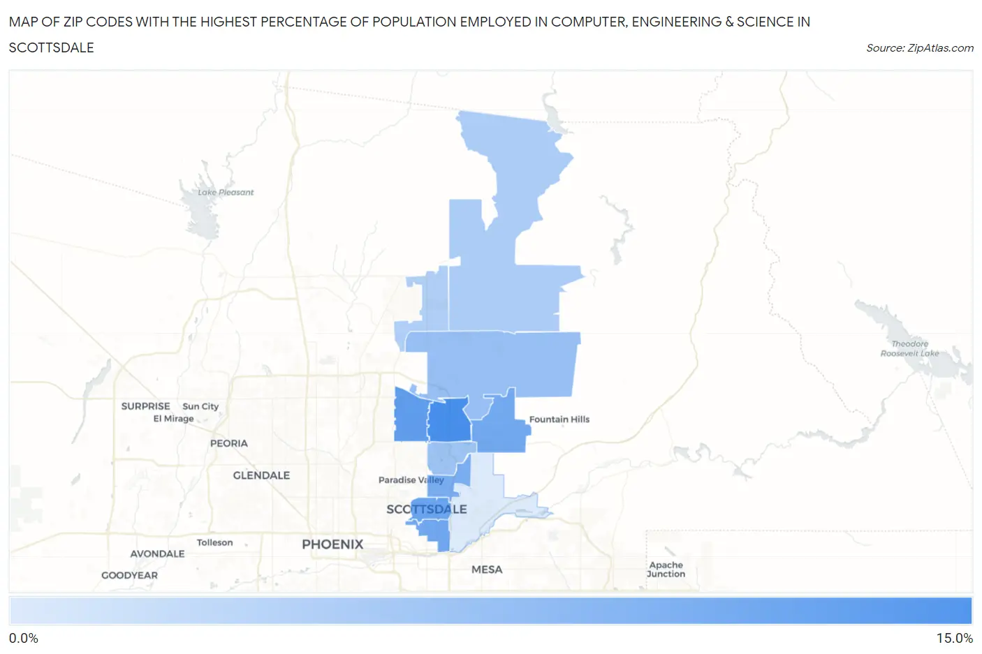 Zip Codes with the Highest Percentage of Population Employed in Computer, Engineering & Science in Scottsdale Map