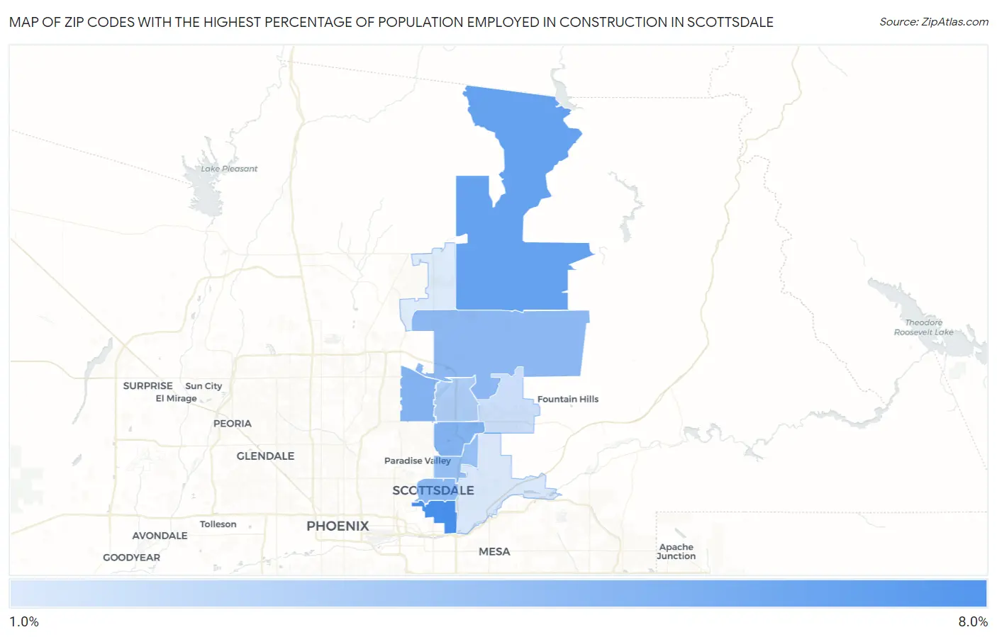 Zip Codes with the Highest Percentage of Population Employed in Construction in Scottsdale Map