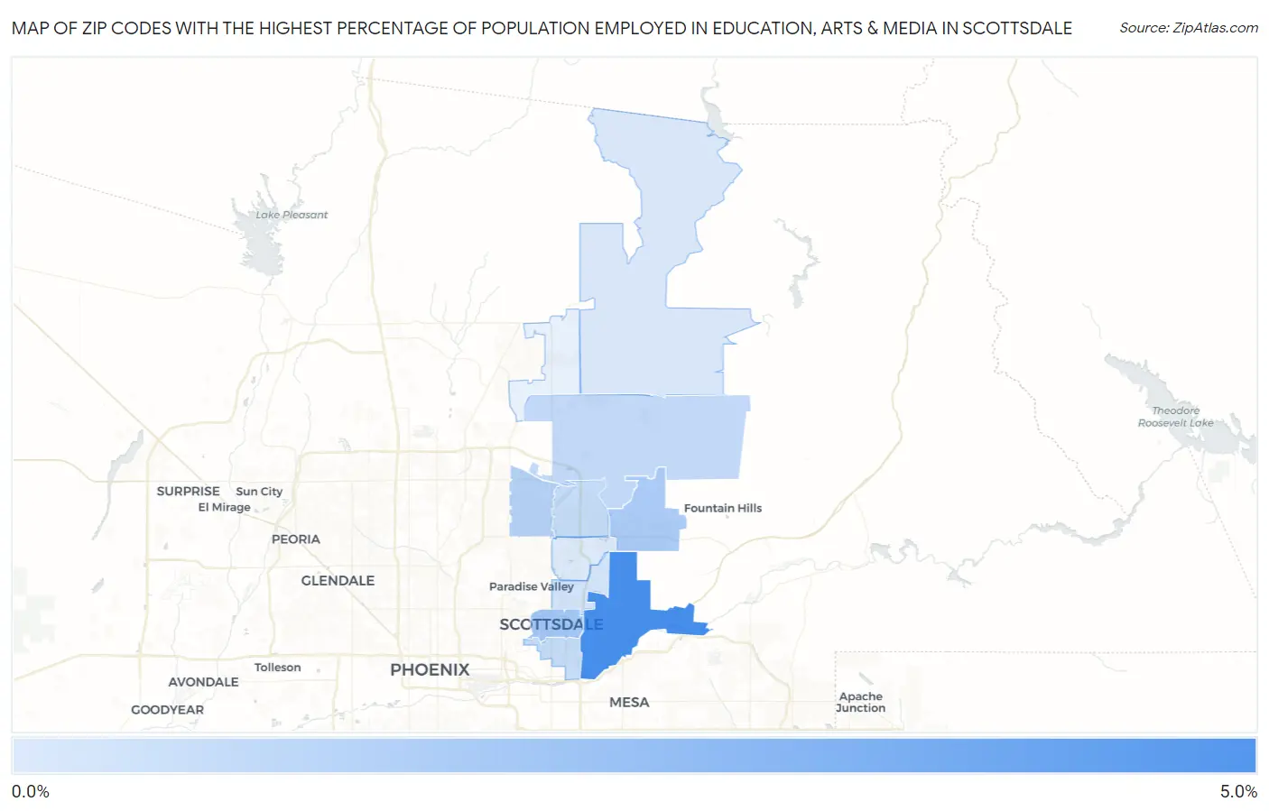 Zip Codes with the Highest Percentage of Population Employed in Education, Arts & Media in Scottsdale Map