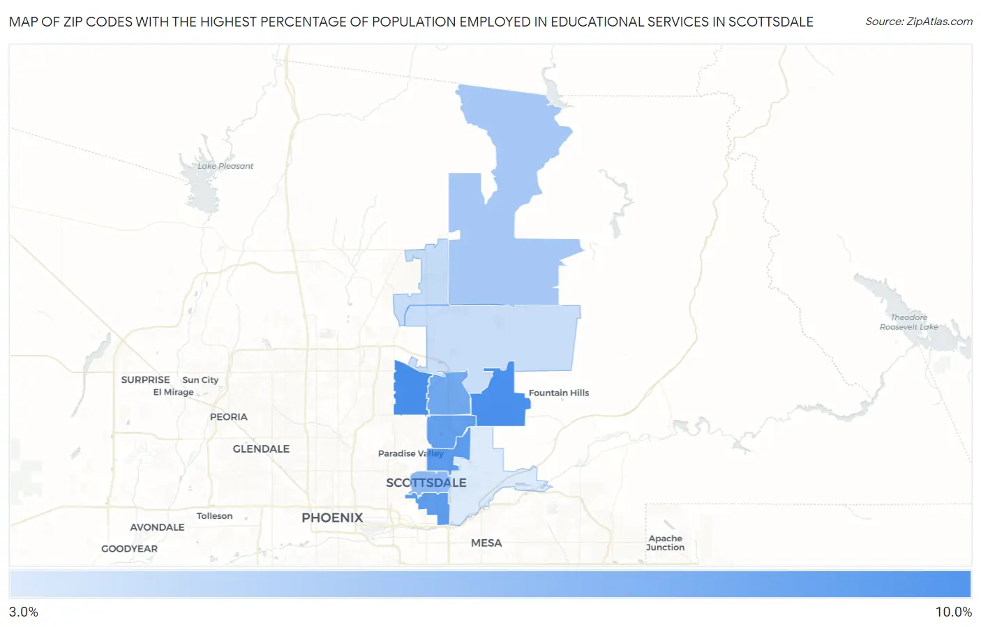 Zip Codes with the Highest Percentage of Population Employed in Educational Services in Scottsdale Map
