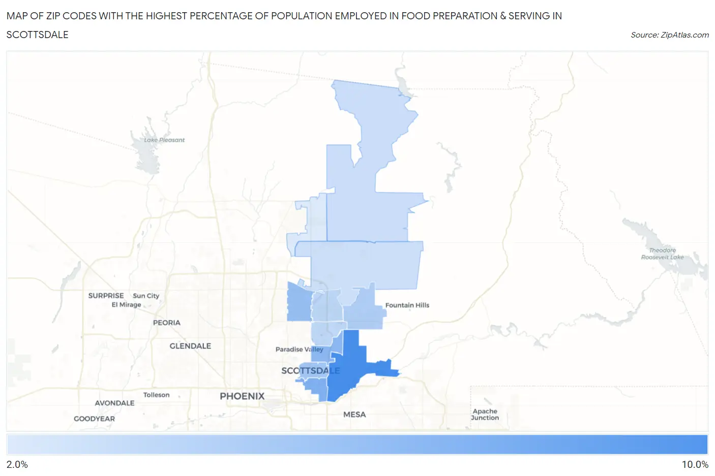 Zip Codes with the Highest Percentage of Population Employed in Food Preparation & Serving in Scottsdale Map