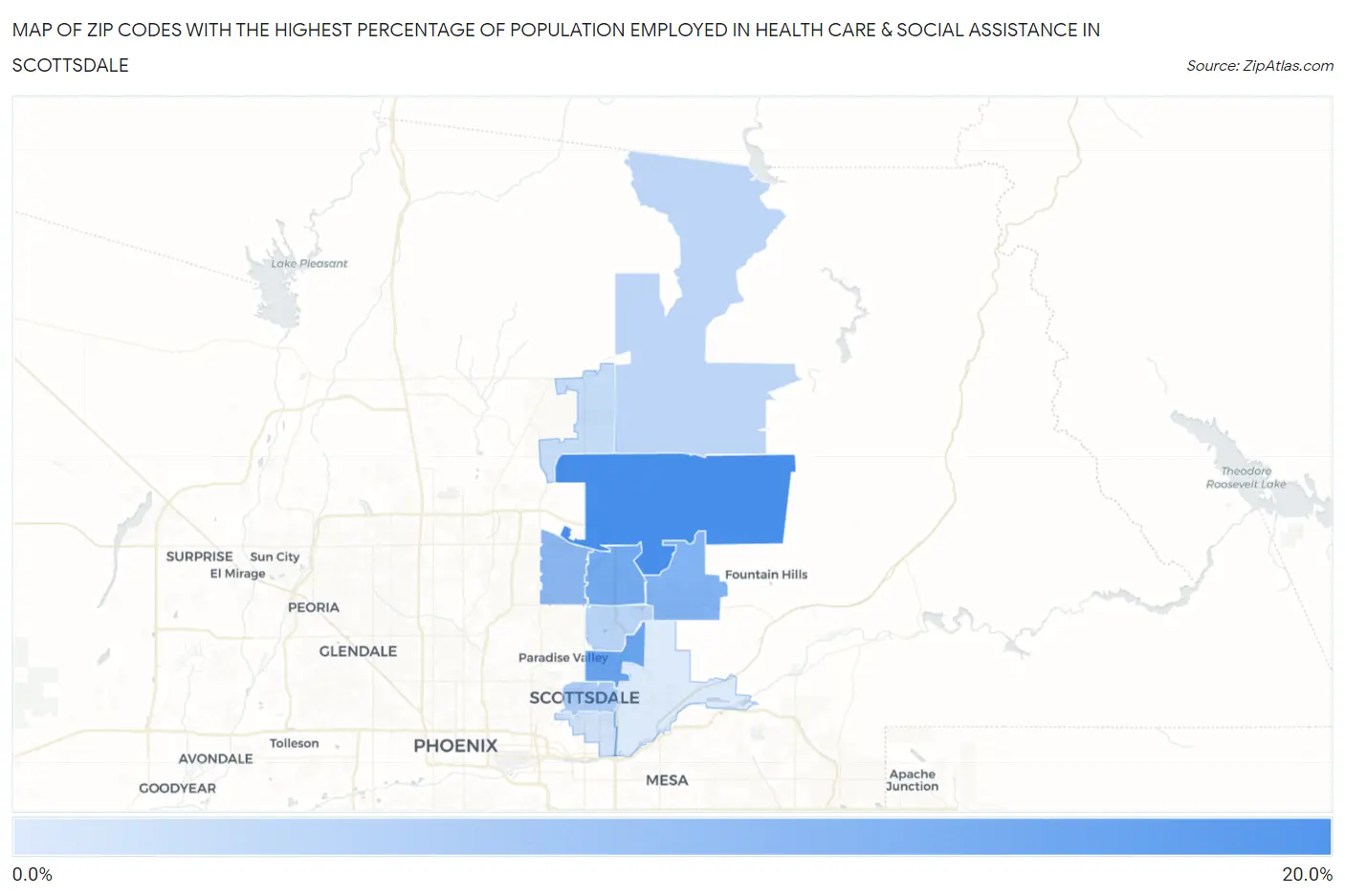 Zip Codes with the Highest Percentage of Population Employed in Health Care & Social Assistance in Scottsdale Map