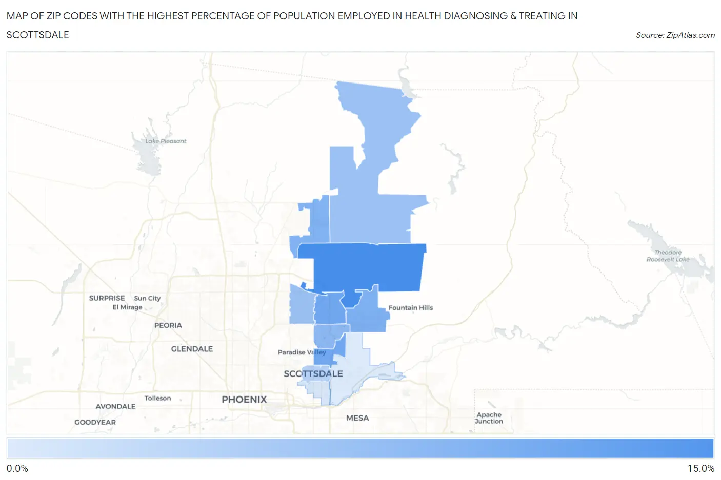 Zip Codes with the Highest Percentage of Population Employed in Health Diagnosing & Treating in Scottsdale Map