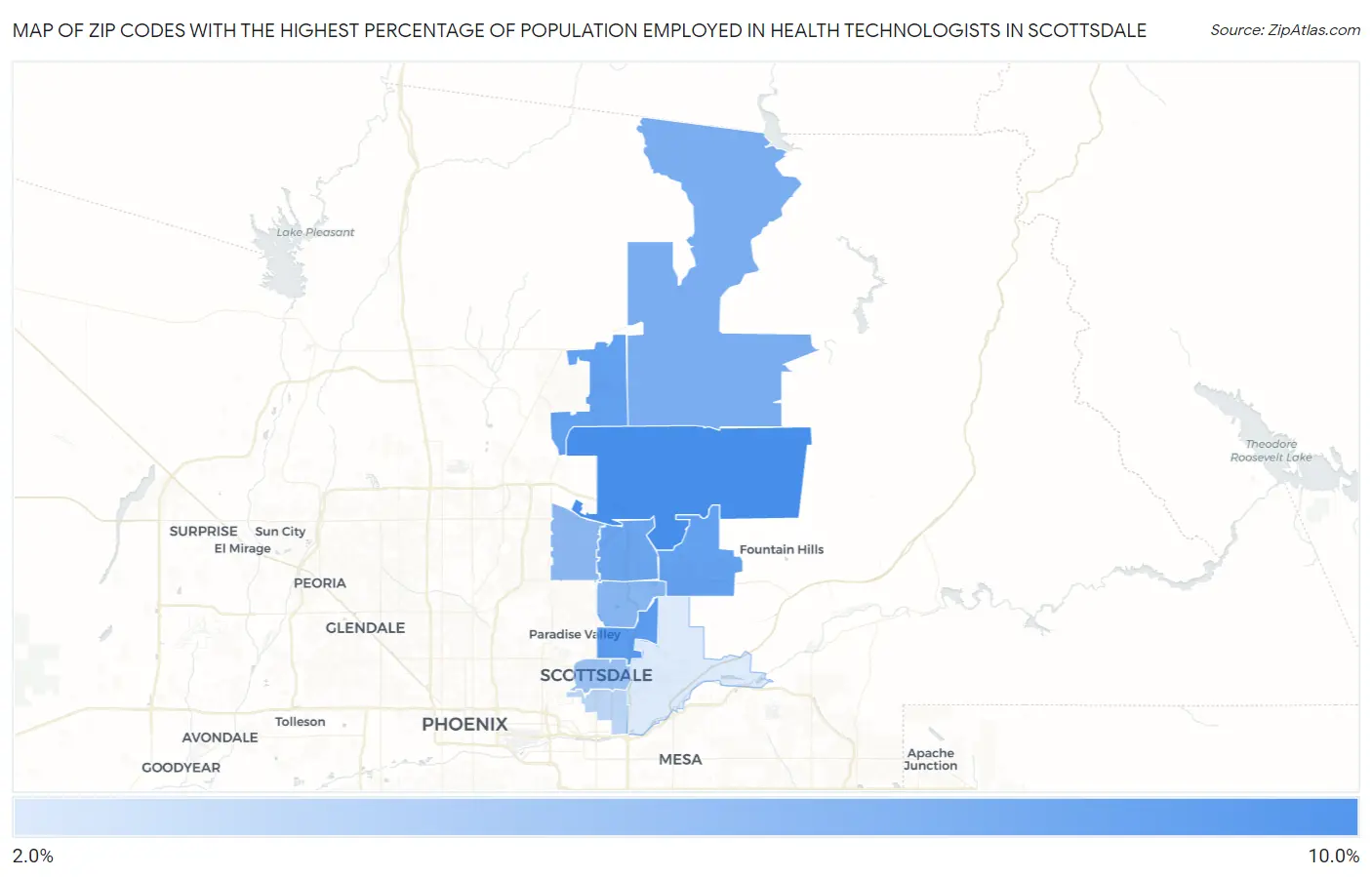 Zip Codes with the Highest Percentage of Population Employed in Health Technologists in Scottsdale Map