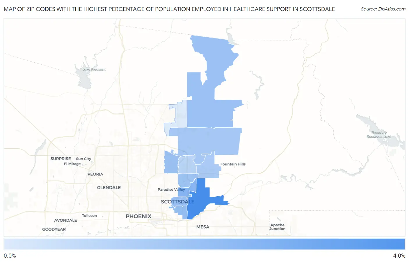 Zip Codes with the Highest Percentage of Population Employed in Healthcare Support in Scottsdale Map