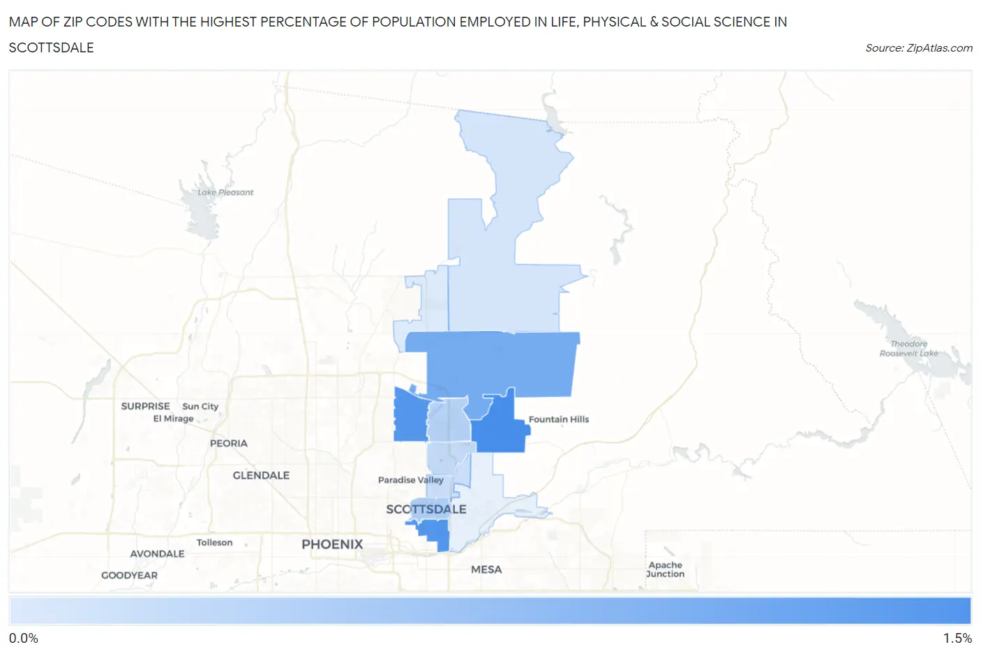 Zip Codes with the Highest Percentage of Population Employed in Life, Physical & Social Science in Scottsdale Map