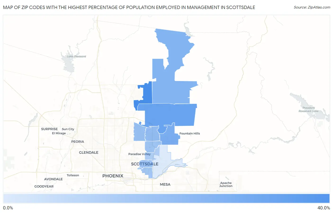 Zip Codes with the Highest Percentage of Population Employed in Management in Scottsdale Map