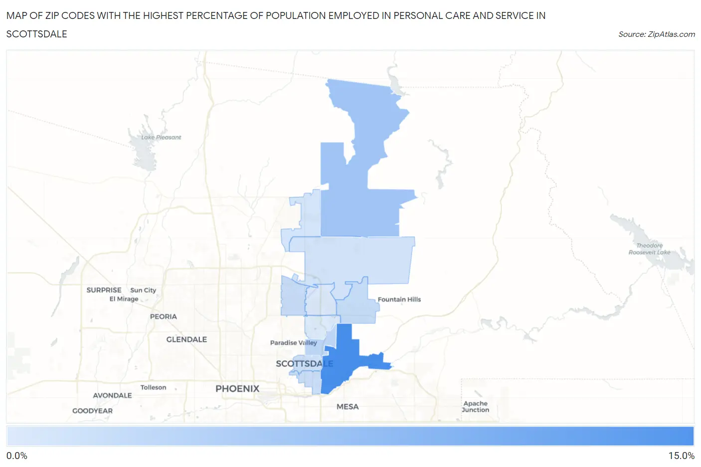 Zip Codes with the Highest Percentage of Population Employed in Personal Care and Service in Scottsdale Map