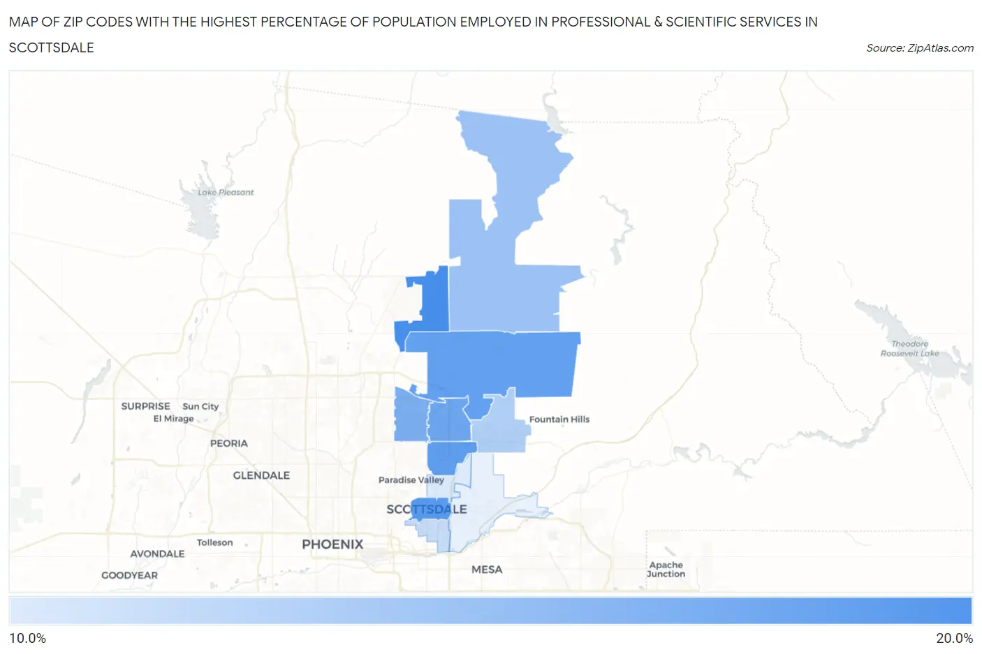 Zip Codes with the Highest Percentage of Population Employed in Professional & Scientific Services in Scottsdale Map