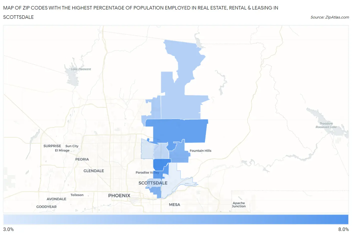 Zip Codes with the Highest Percentage of Population Employed in Real Estate, Rental & Leasing in Scottsdale Map