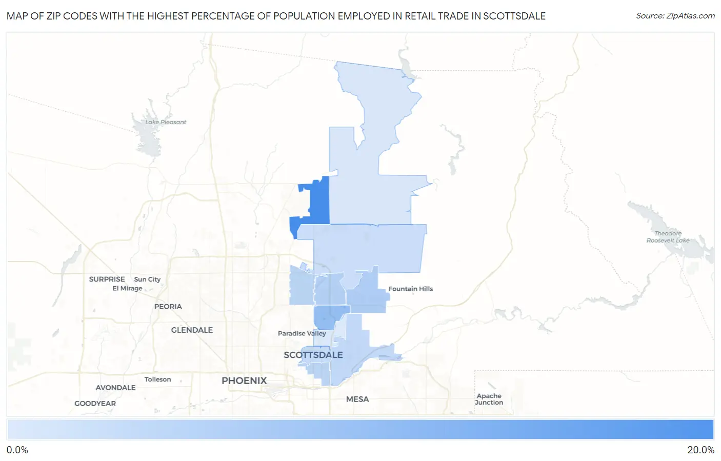 Zip Codes with the Highest Percentage of Population Employed in Retail Trade in Scottsdale Map