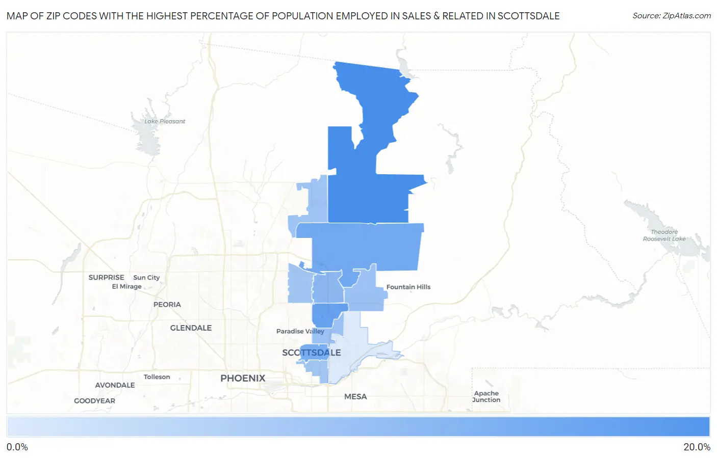 Zip Codes with the Highest Percentage of Population Employed in Sales & Related in Scottsdale Map