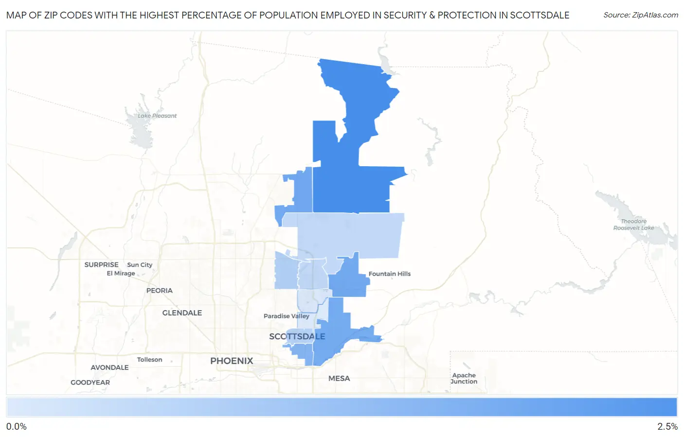 Zip Codes with the Highest Percentage of Population Employed in Security & Protection in Scottsdale Map
