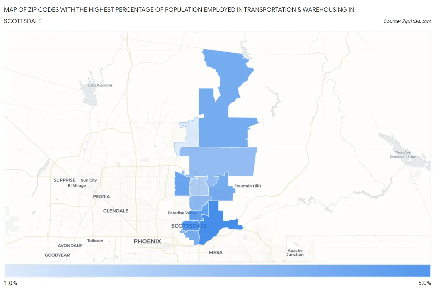 Zip Codes with the Highest Percentage of Population Employed in Transportation & Warehousing in Scottsdale Map
