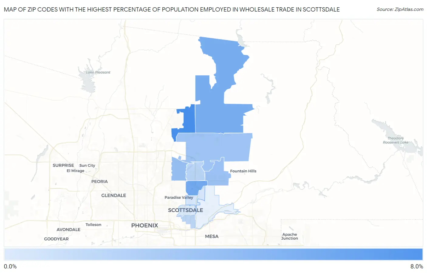 Zip Codes with the Highest Percentage of Population Employed in Wholesale Trade in Scottsdale Map