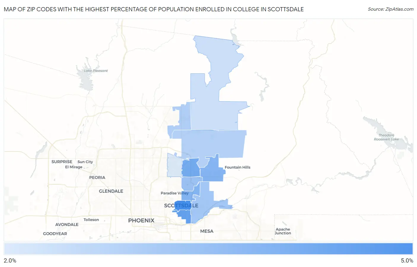 Zip Codes with the Highest Percentage of Population Enrolled in College in Scottsdale Map