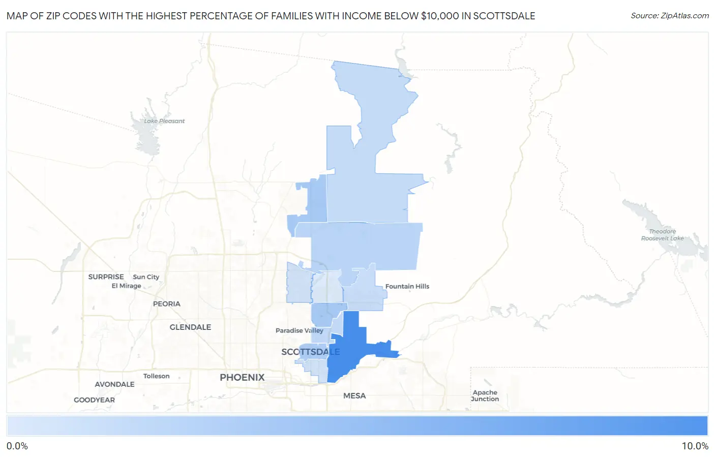 Zip Codes with the Highest Percentage of Families with Income Below $10,000 in Scottsdale Map