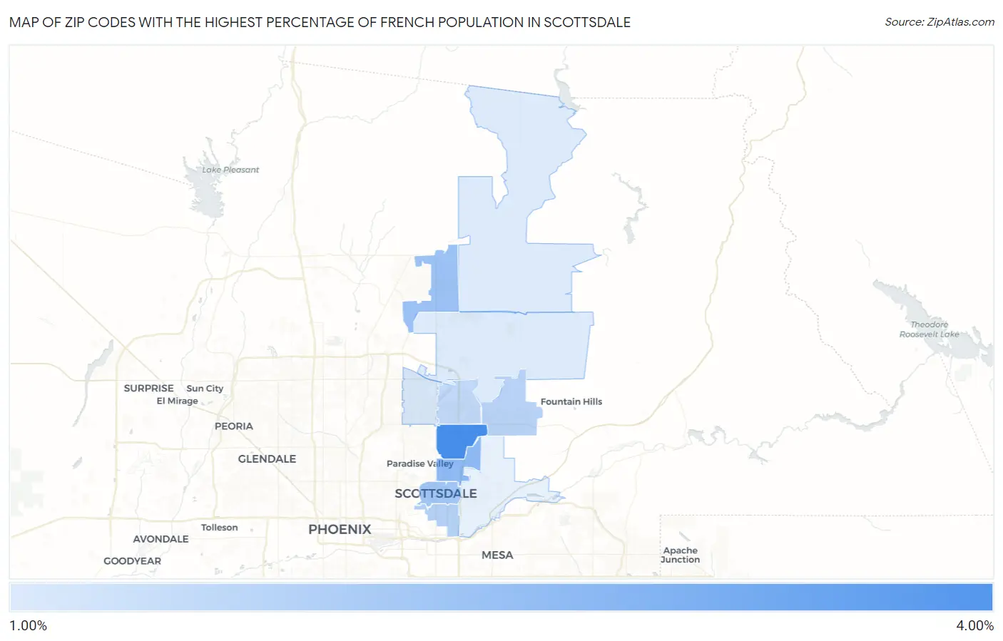 Zip Codes with the Highest Percentage of French Population in Scottsdale Map