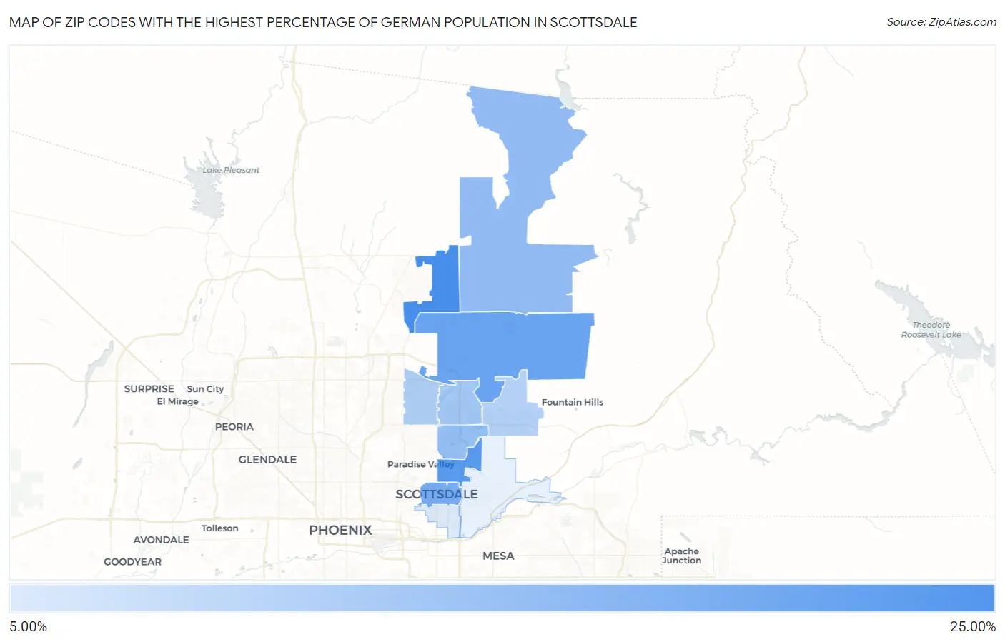 Zip Codes with the Highest Percentage of German Population in Scottsdale Map