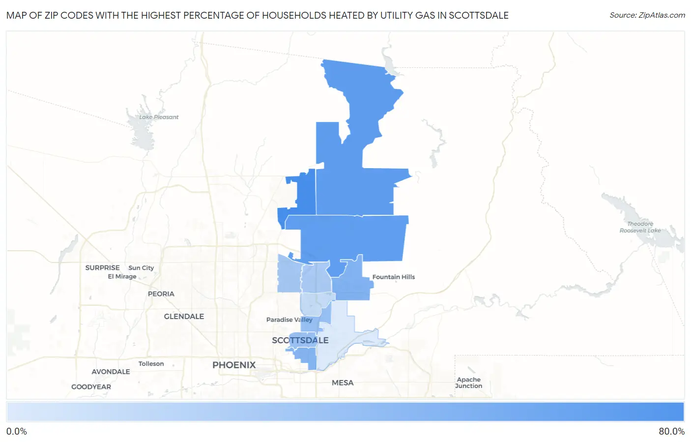 Zip Codes with the Highest Percentage of Households Heated by Utility Gas in Scottsdale Map