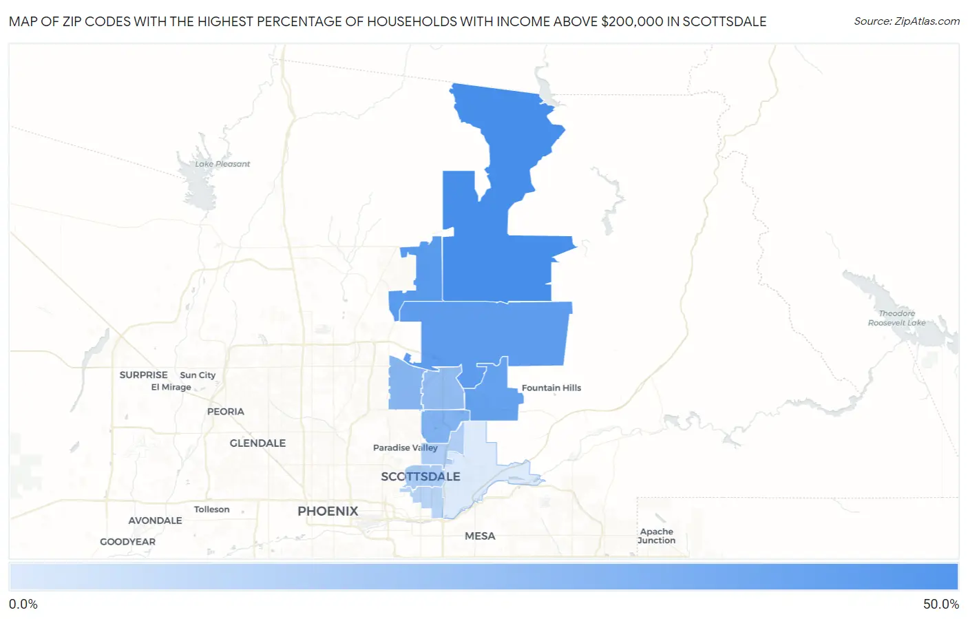 Zip Codes with the Highest Percentage of Households with Income Above $200,000 in Scottsdale Map