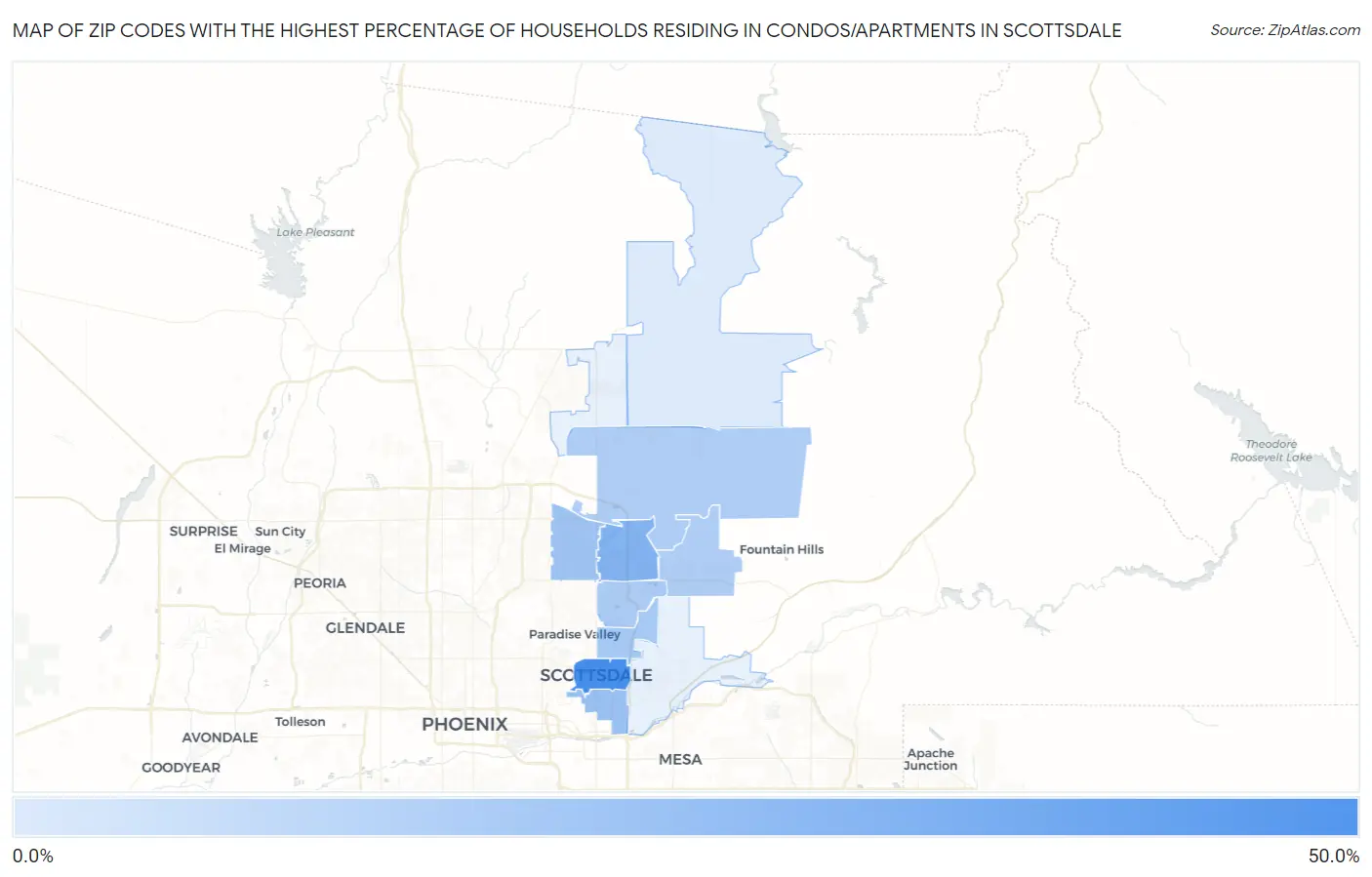 Zip Codes with the Highest Percentage of Households Residing in Condos/Apartments in Scottsdale Map