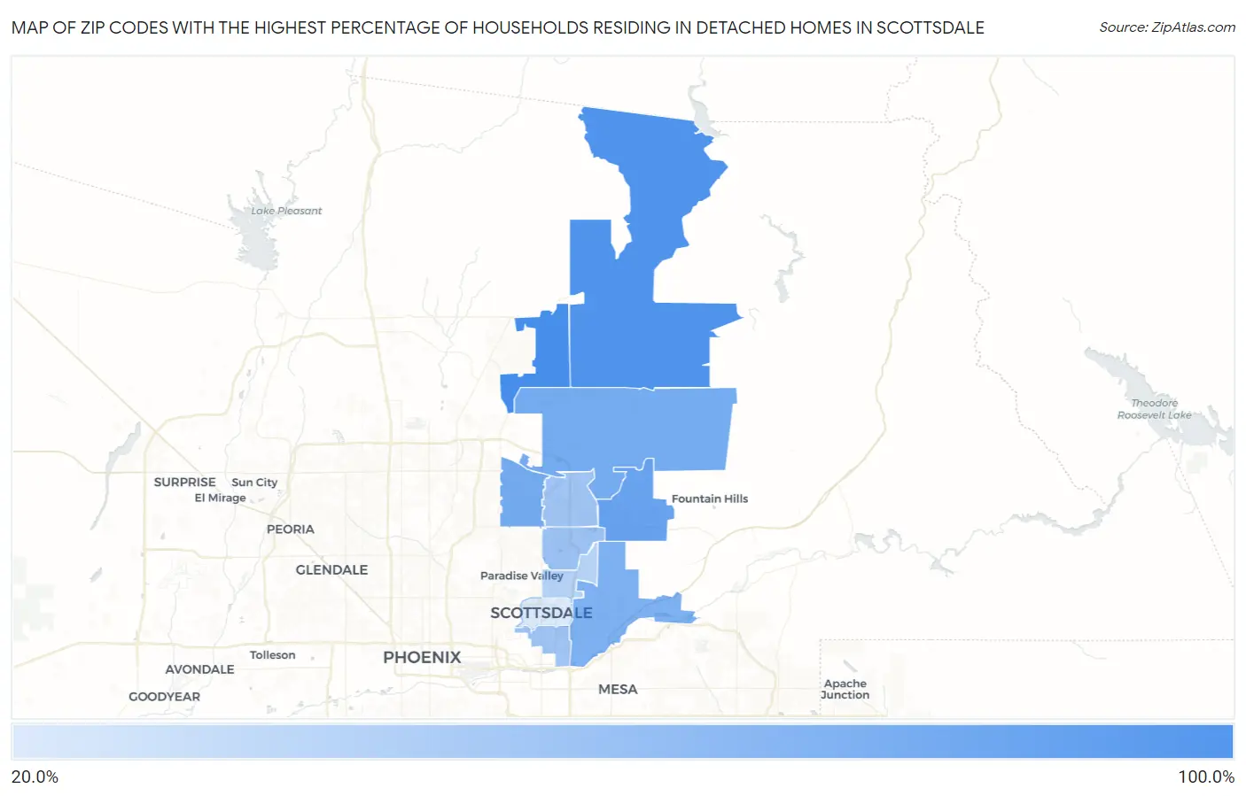 Zip Codes with the Highest Percentage of Households Residing in Detached Homes in Scottsdale Map