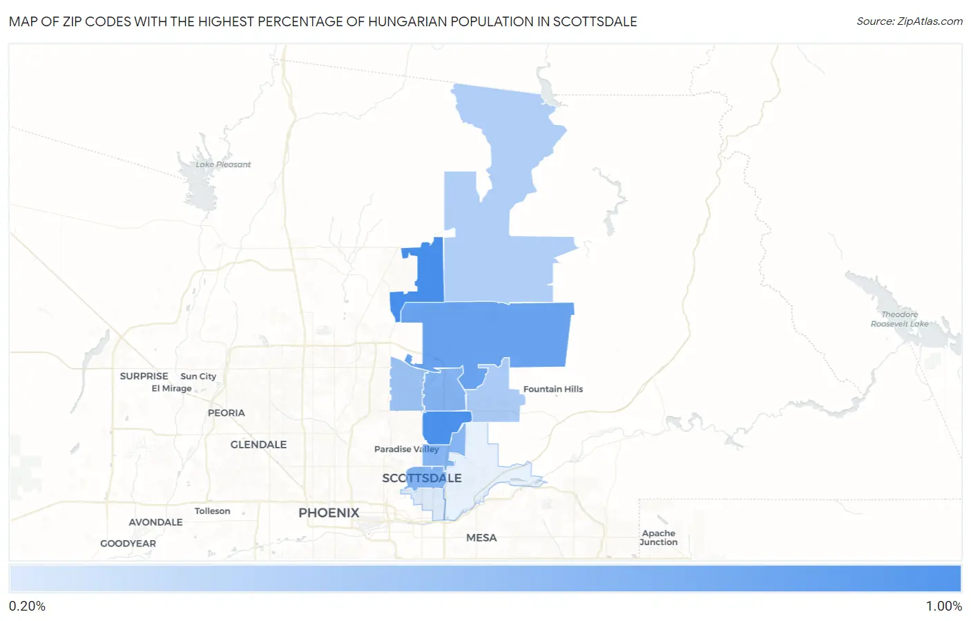 Zip Codes with the Highest Percentage of Hungarian Population in Scottsdale Map