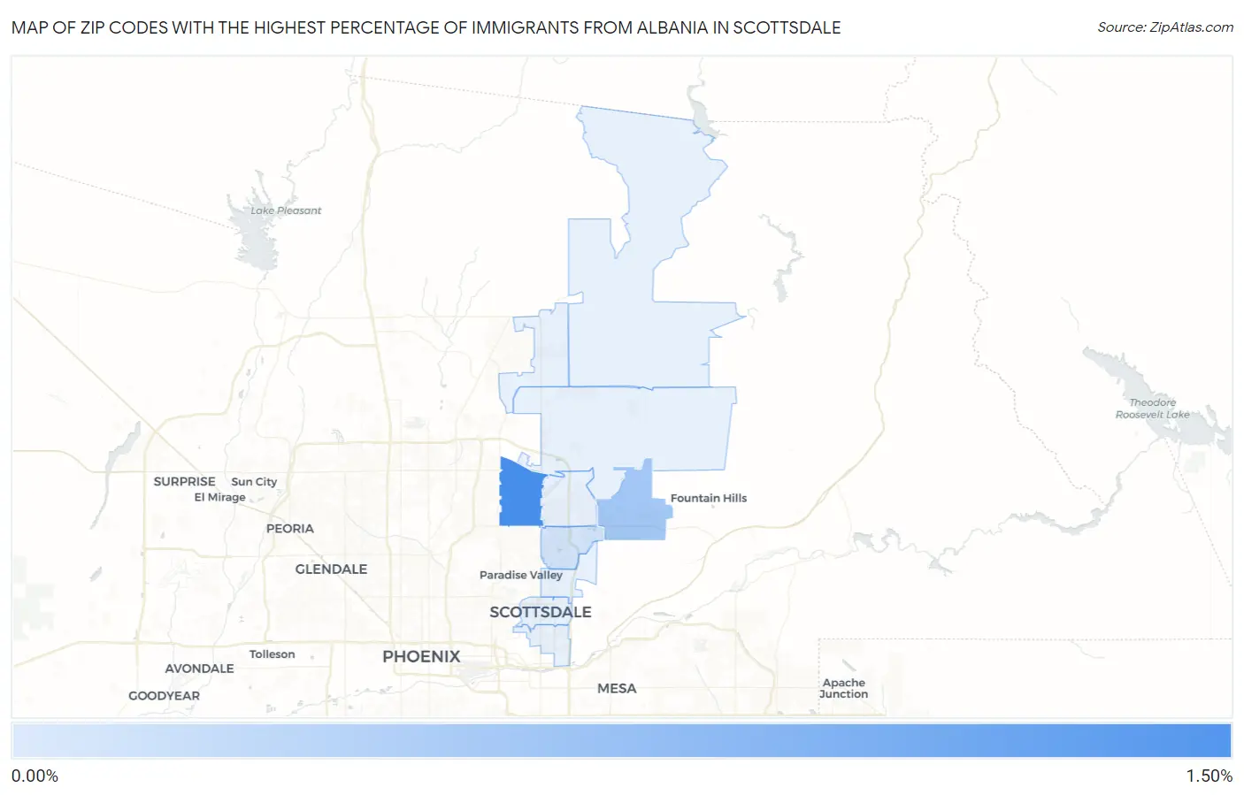 Zip Codes with the Highest Percentage of Immigrants from Albania in Scottsdale Map
