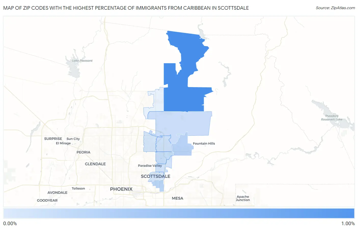 Zip Codes with the Highest Percentage of Immigrants from Caribbean in Scottsdale Map