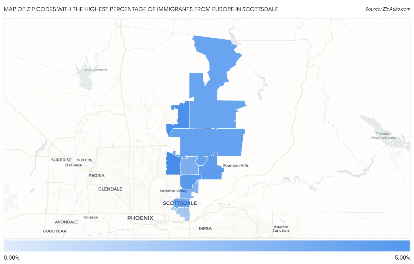 Zip Codes with the Highest Percentage of Immigrants from Europe in Scottsdale Map