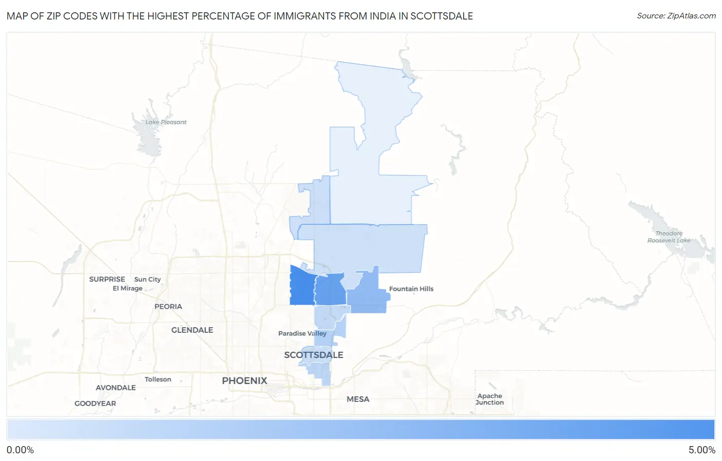 Zip Codes with the Highest Percentage of Immigrants from India in Scottsdale Map