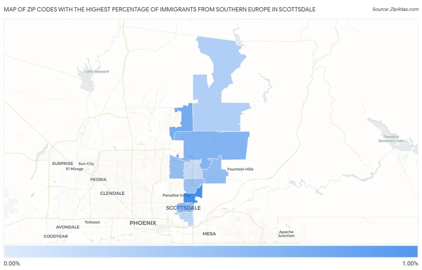 Zip Codes with the Highest Percentage of Immigrants from Southern Europe in Scottsdale Map