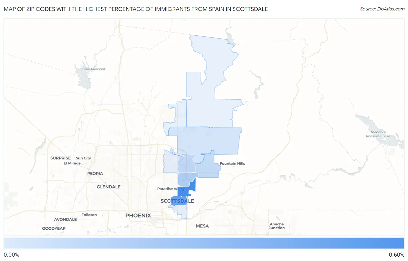 Zip Codes with the Highest Percentage of Immigrants from Spain in Scottsdale Map