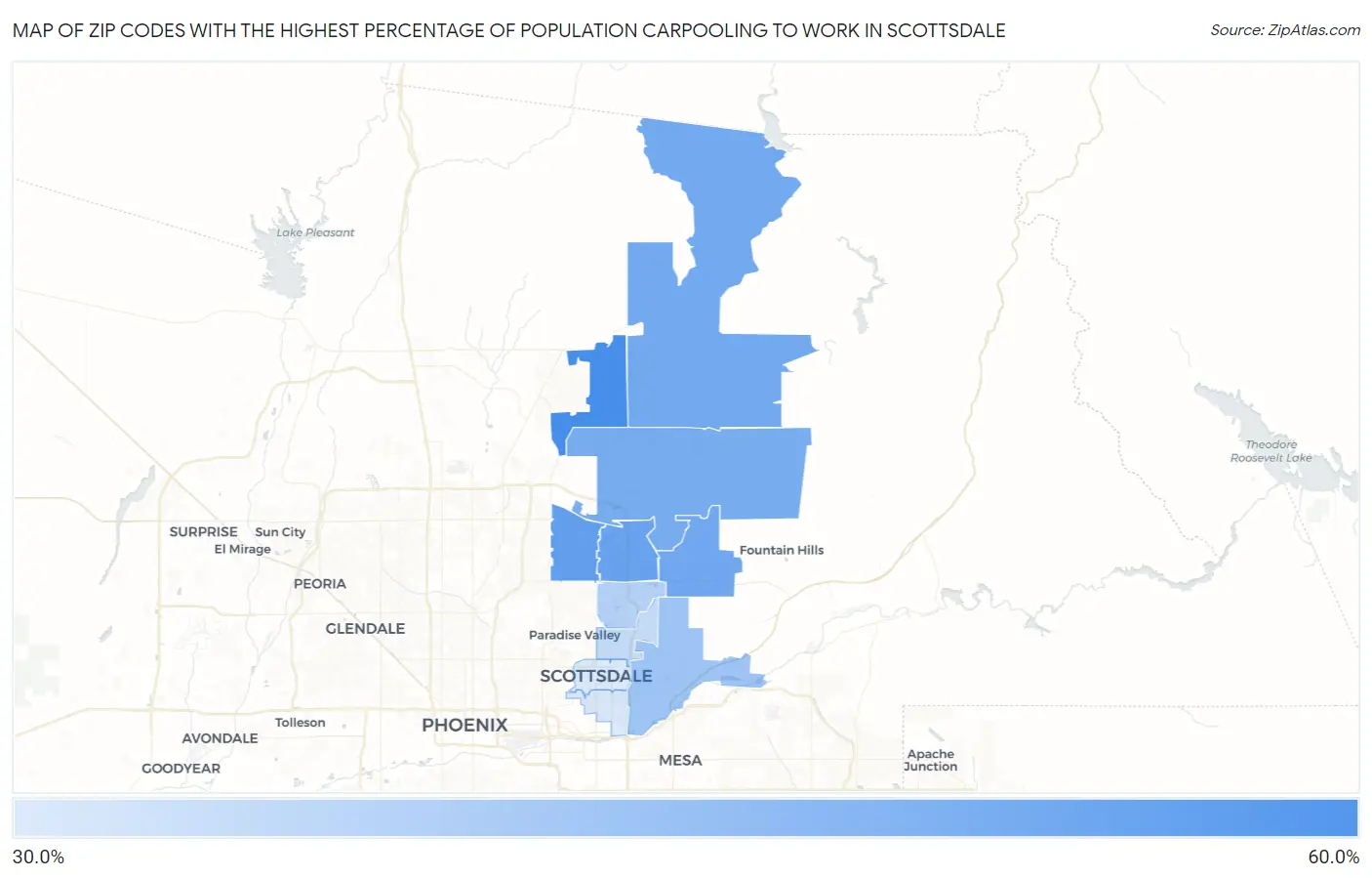 Zip Codes with the Highest Percentage of Population Carpooling to Work in Scottsdale Map
