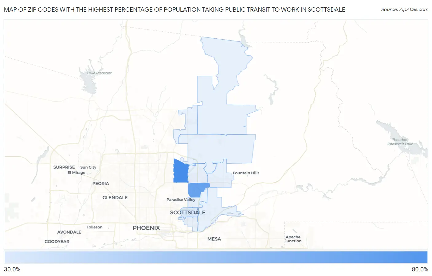Zip Codes with the Highest Percentage of Population Taking Public Transit to Work in Scottsdale Map