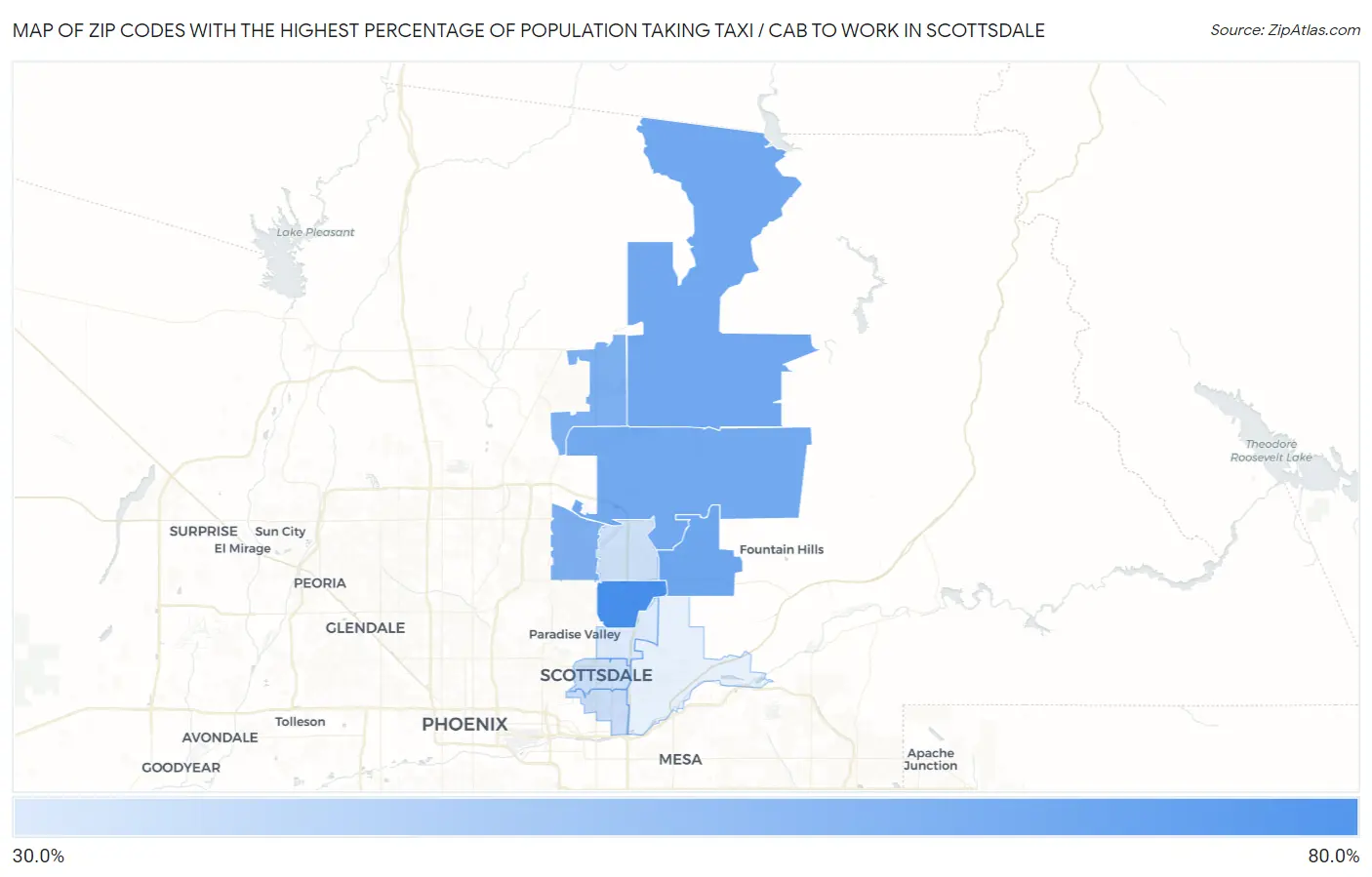 Zip Codes with the Highest Percentage of Population Taking Taxi / Cab to Work in Scottsdale Map