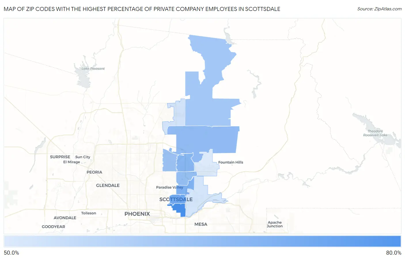 Zip Codes with the Highest Percentage of Private Company Employees in Scottsdale Map