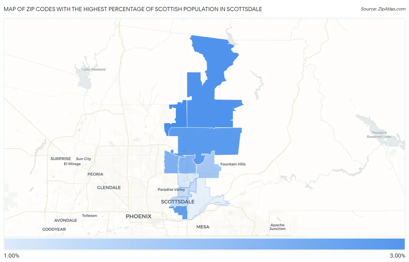 Zip Codes with the Highest Percentage of Scottish Population in Scottsdale Map