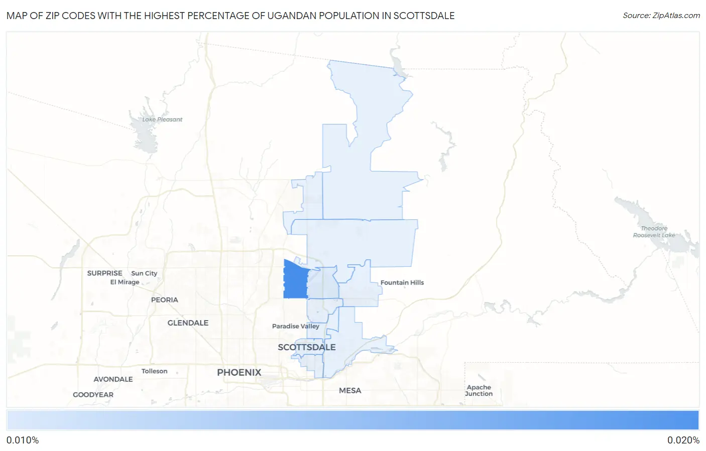 Zip Codes with the Highest Percentage of Ugandan Population in Scottsdale Map