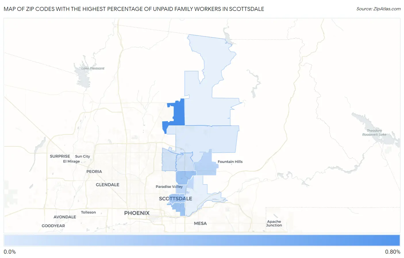 Zip Codes with the Highest Percentage of Unpaid Family Workers in Scottsdale Map