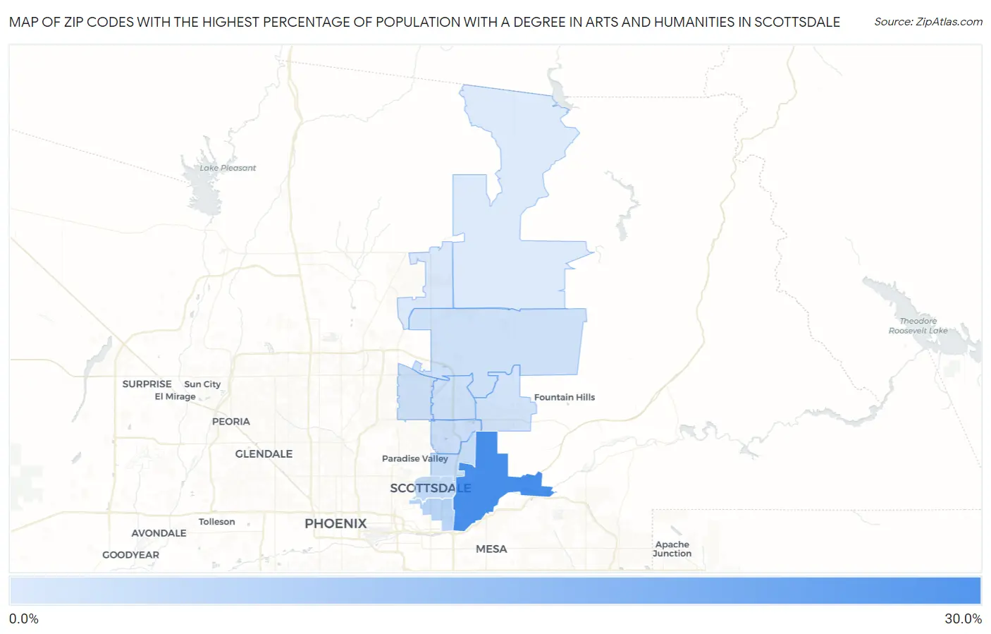 Zip Codes with the Highest Percentage of Population with a Degree in Arts and Humanities in Scottsdale Map