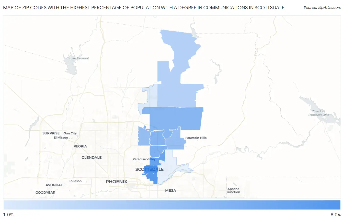 Zip Codes with the Highest Percentage of Population with a Degree in Communications in Scottsdale Map