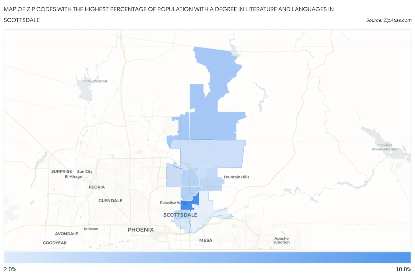 Zip Codes with the Highest Percentage of Population with a Degree in Literature and Languages in Scottsdale Map