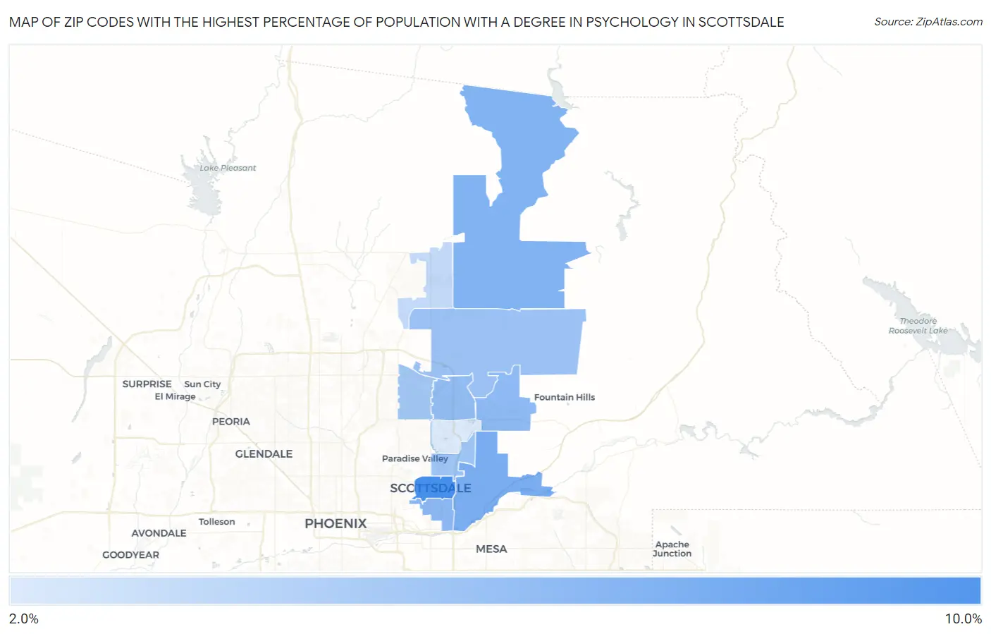 Zip Codes with the Highest Percentage of Population with a Degree in Psychology in Scottsdale Map
