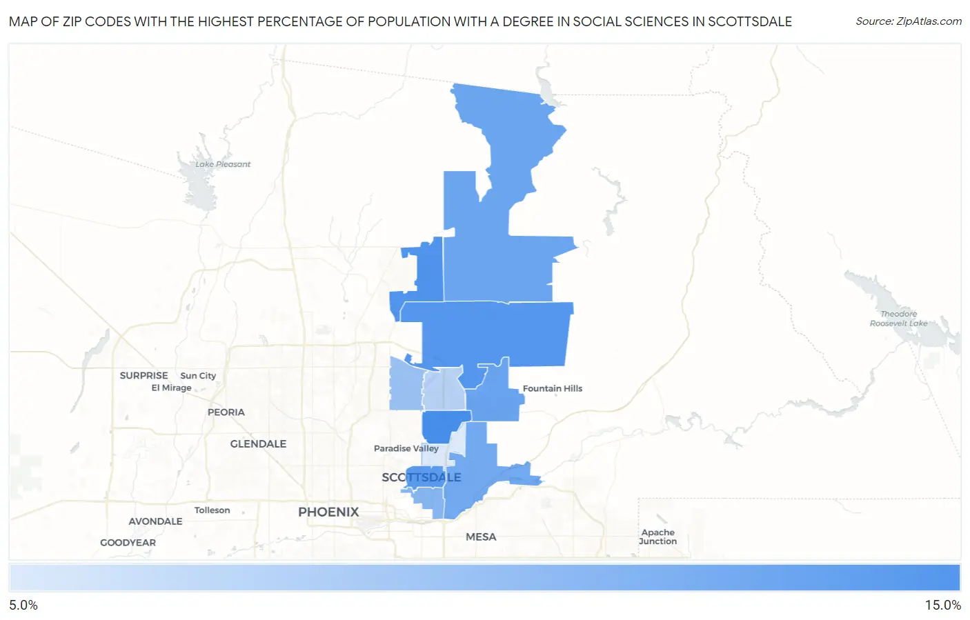 Zip Codes with the Highest Percentage of Population with a Degree in Social Sciences in Scottsdale Map