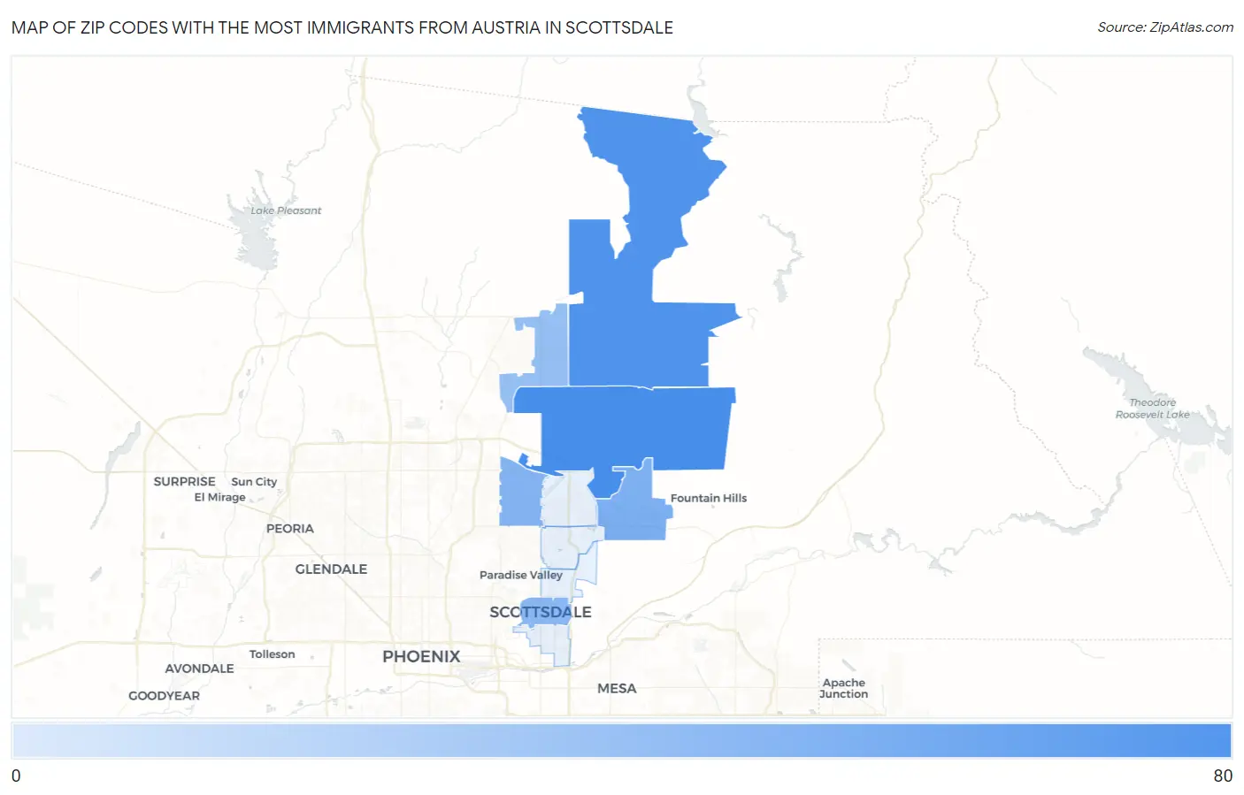 Zip Codes with the Most Immigrants from Austria in Scottsdale Map
