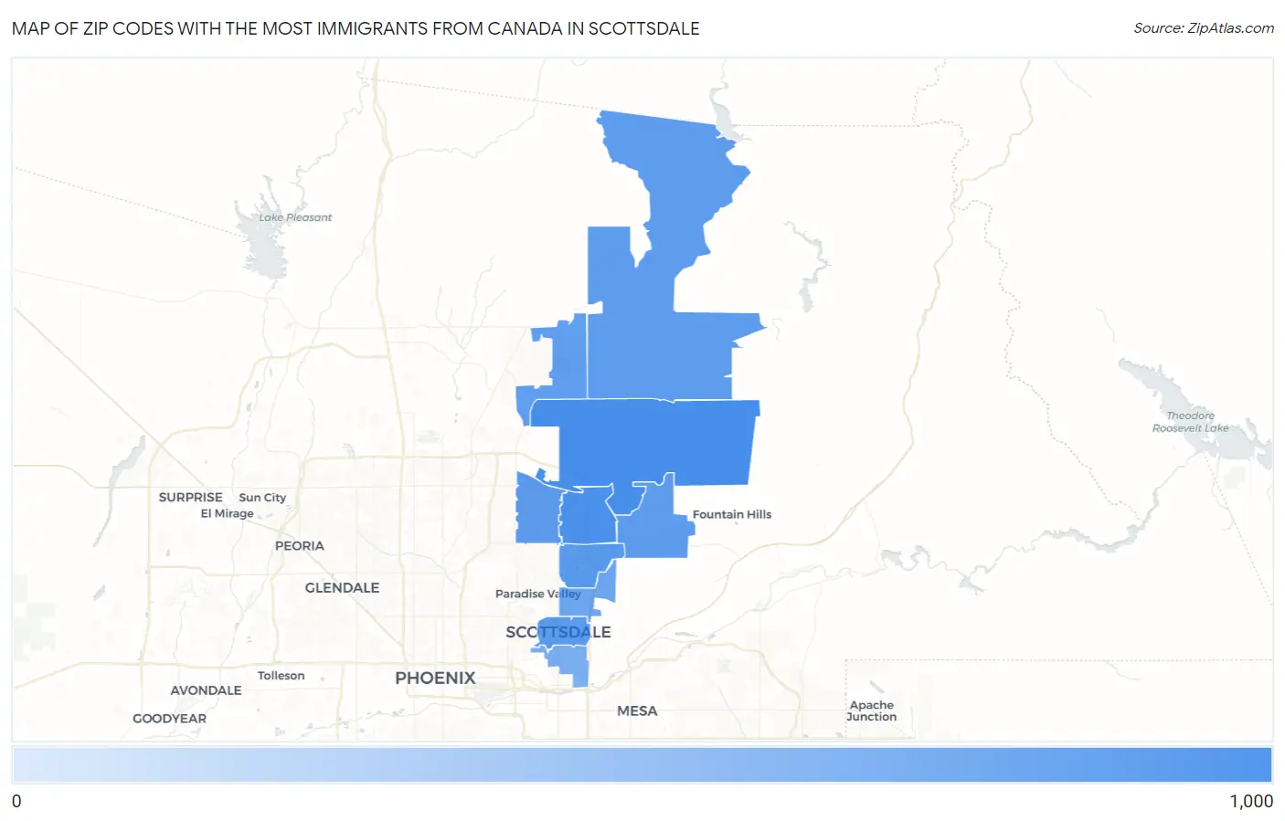 Zip Codes with the Most Immigrants from Canada in Scottsdale Map