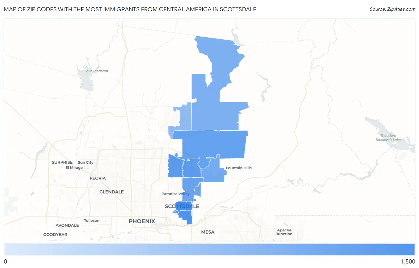 Zip Codes with the Most Immigrants from Central America in Scottsdale Map